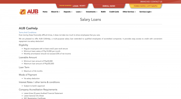 AUB Salary Loan website screenshot